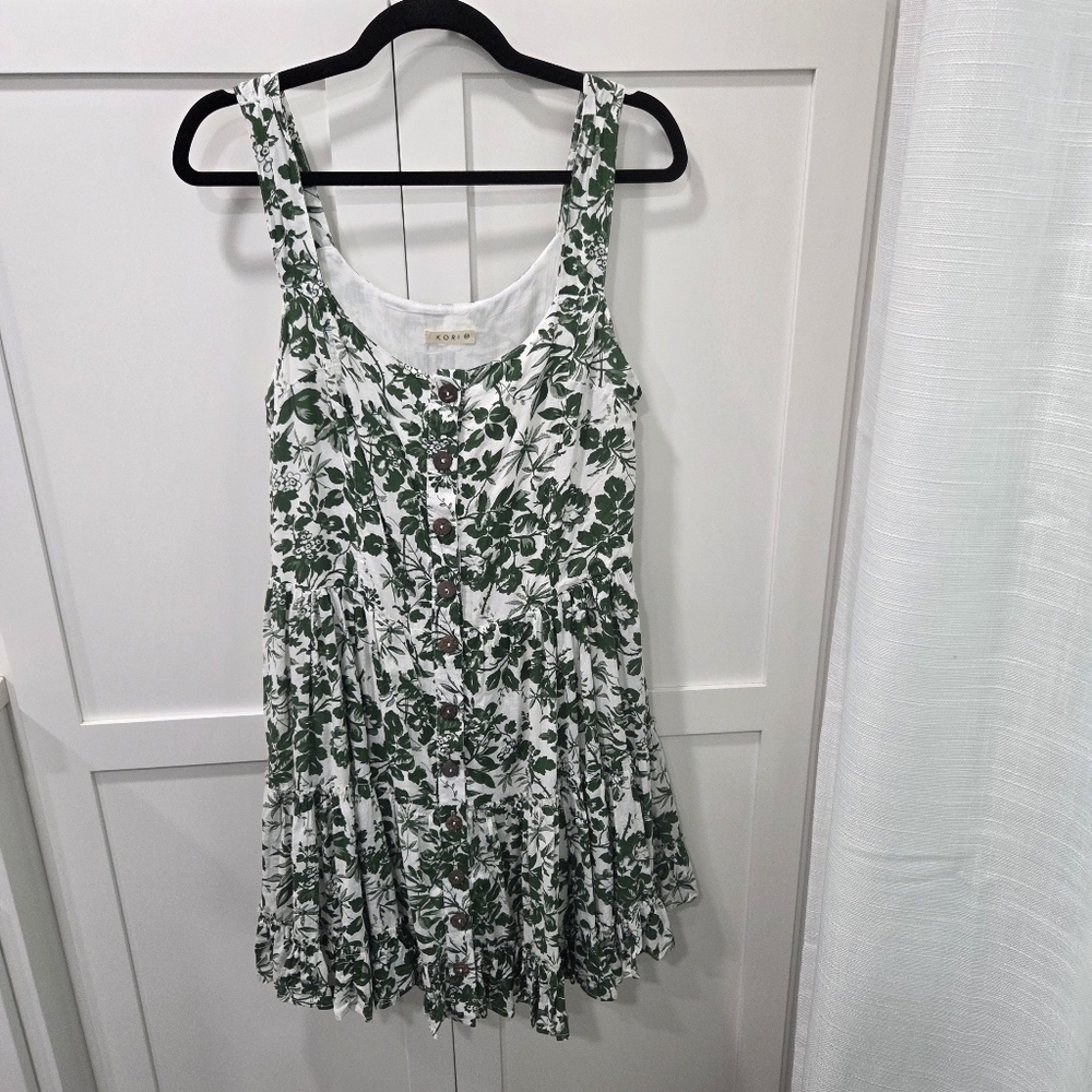 Kori Green White Floral Sundress Button Front Tank Style Size Medium